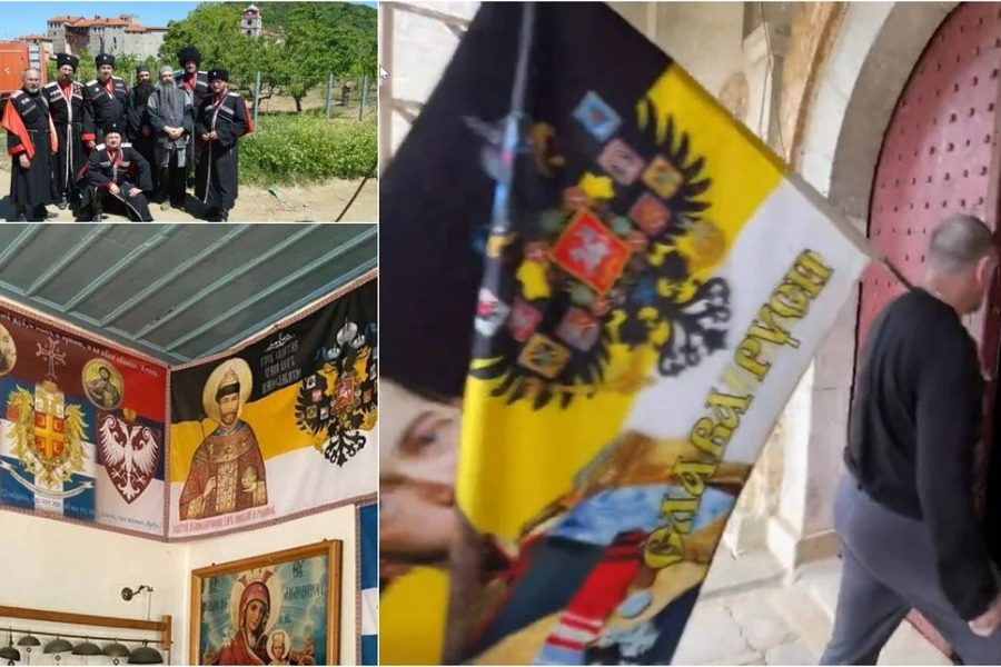 Αγιο Όρος: Ρώσοι υπερεθνικιστές με λάβαρα και στρατιωτικές στολές στη Μονή Εσφιγμένου 