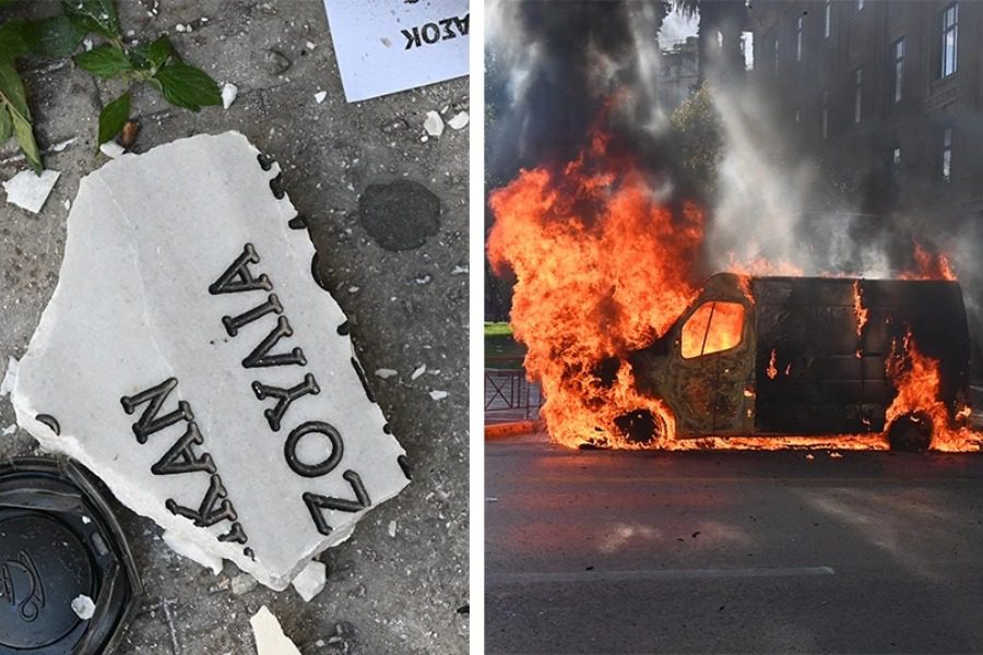 Έσπασαν το μνημείο για τα θύματα της Marfin και έκαψαν βαν