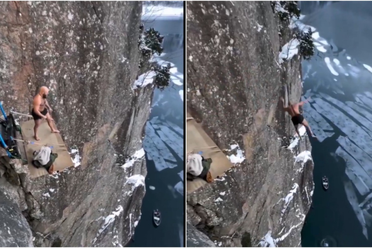Νορβηγία: Ριψοκίνδυνος άνδρας βουτά από τα 40 μέτρα στα παγωμένα νερά με την κοιλιά