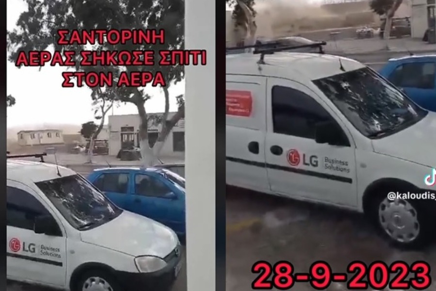 Η στιγμή που ο άνεμος παίρνει μαζί του λυόμενο σπίτι στη Σαντορίνη