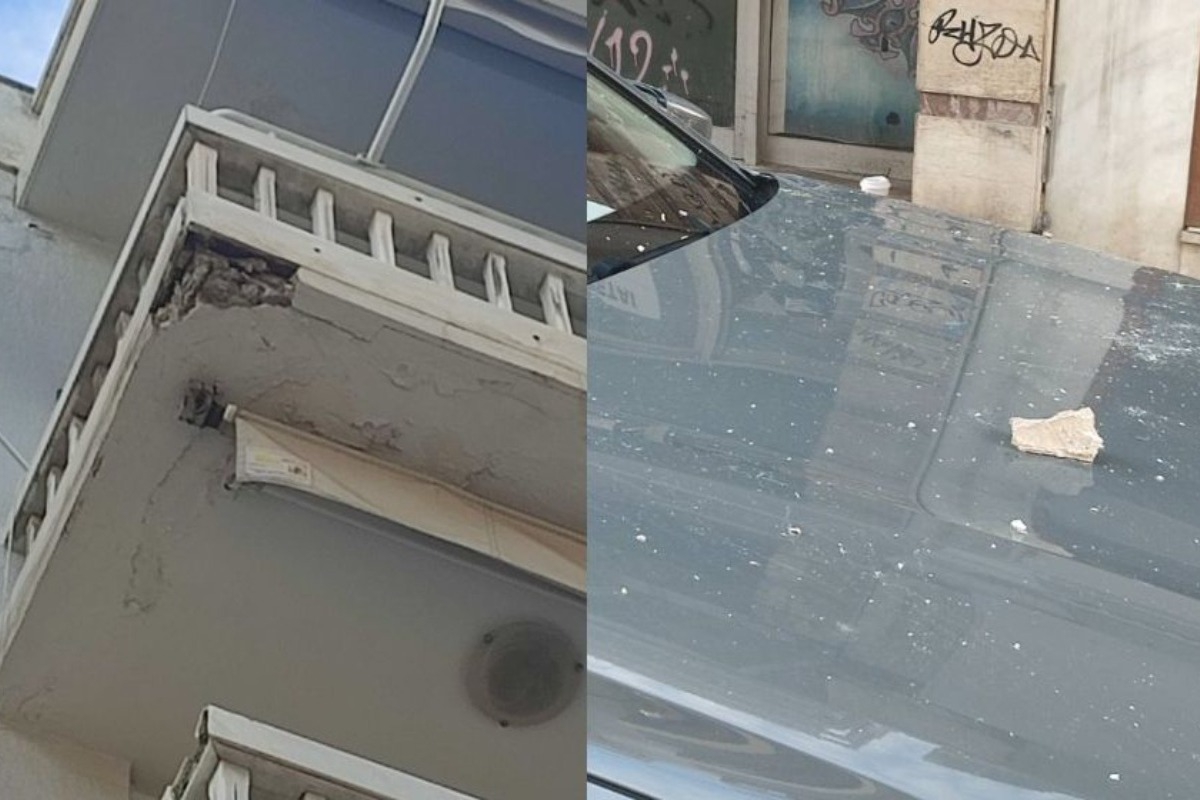 Βόλος: «Έβρεξε» σοβάδες στο κέντρο της πόλης ‑ Τμήμα μπαλκονιού αποκολλήθηκε και έπεσε πάνω σε αμάξι