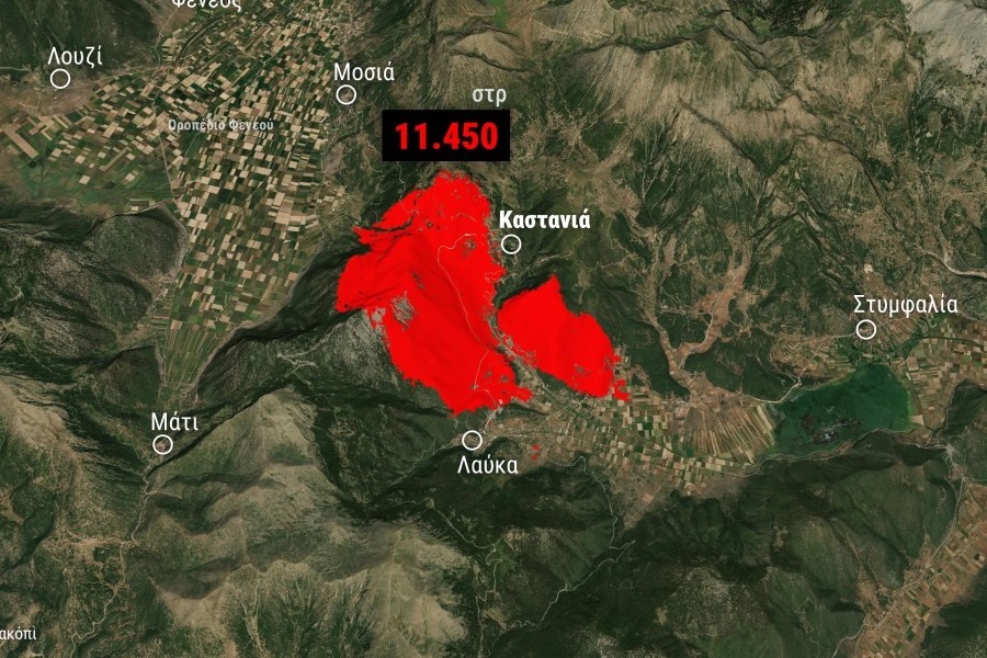 Διάσπαρτες εστίες στον Φενεό ‑ Πάνω από 11.000 στρέμματα δάσους κάηκαν