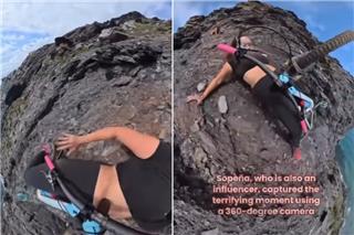 Ποδηλάτισσα στην Ισπανία χάνει τον έλεγχο και στέκεται στο χείλος του γκρεμού - Βίντεο