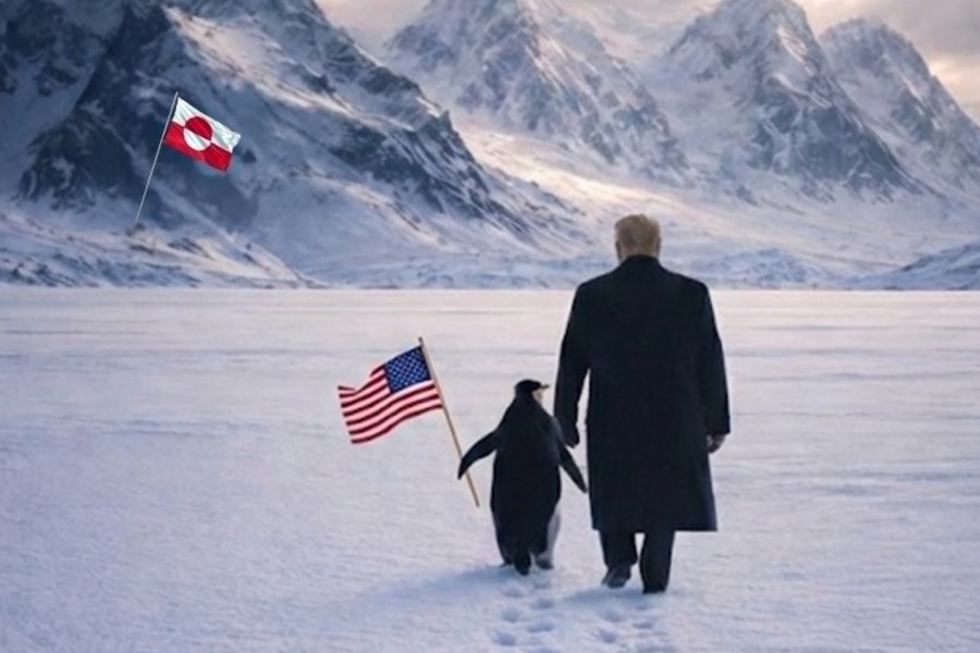 Νέα φωτό από Τραμπ για τη Γροιλανδία με έναν πιγκουίνο: «Λάθος ημισφαίριο!»