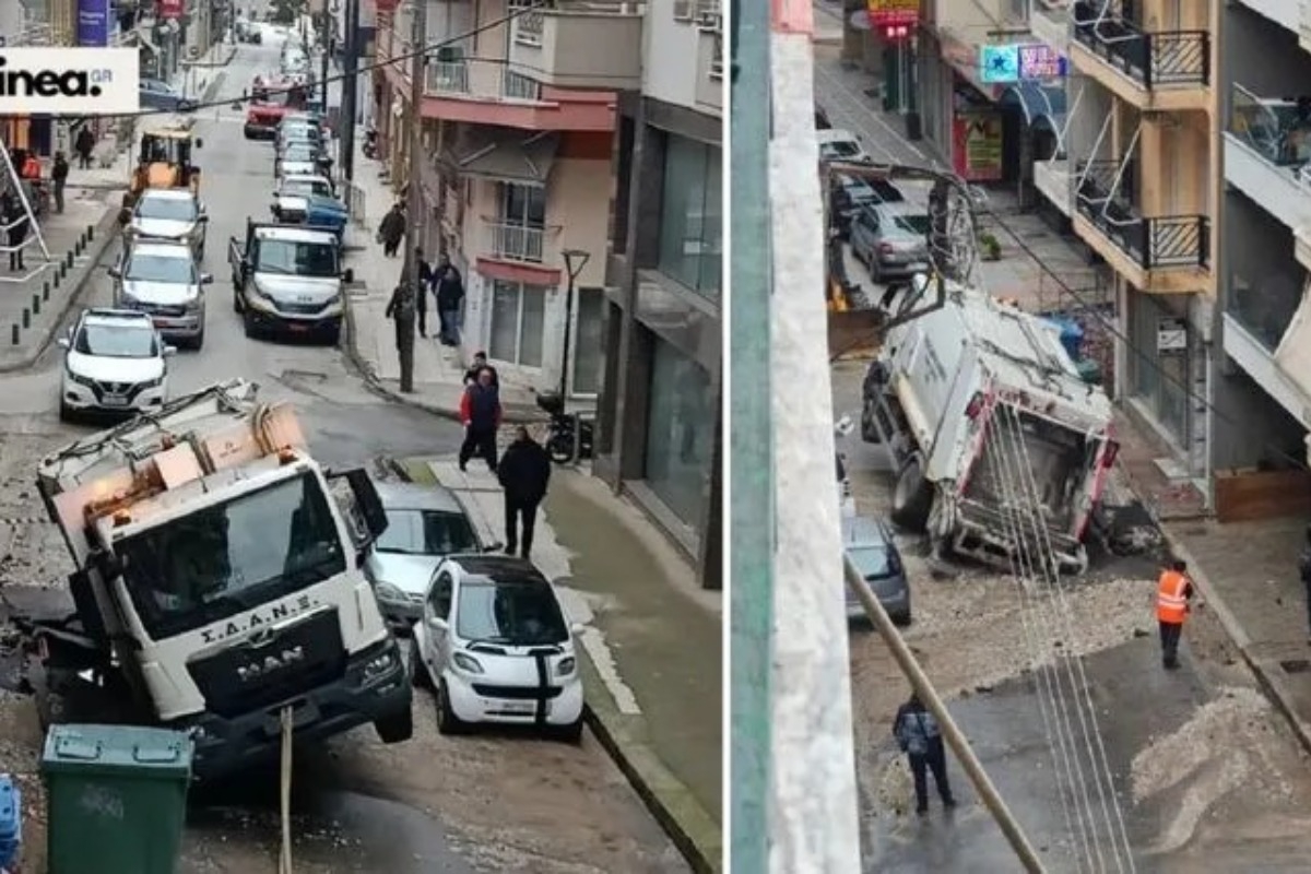 Ξάνθη: Απορριμματοφόρο «βούλιαξε» στην άσφαλτο